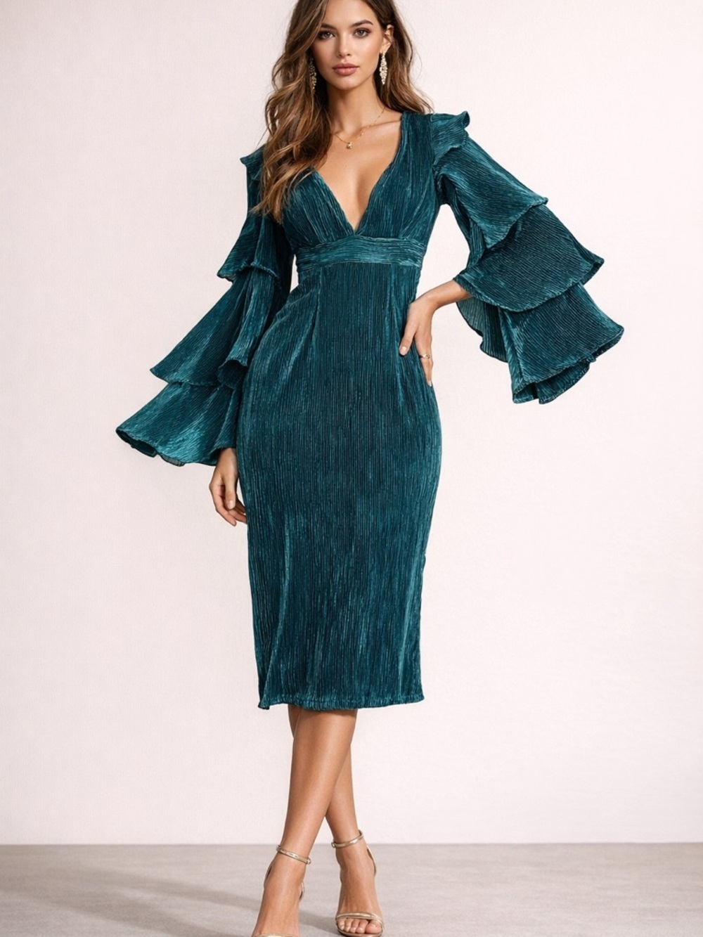 Boohoo Emerald Teal V-Neck Midi Dress with Tiered Ruffle Sleeves